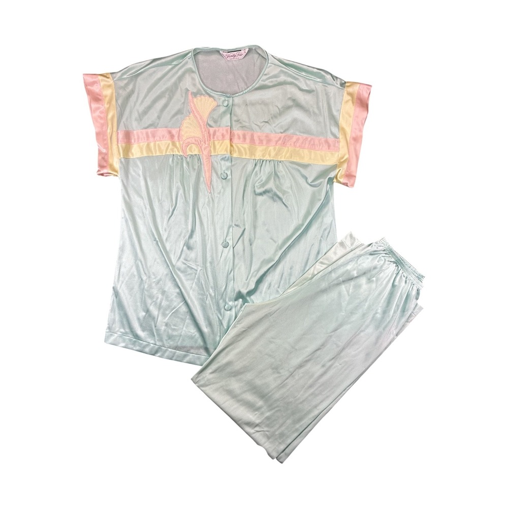 Vintage Vanity Fair Petites Blue Pink Yellow Pajama Set Size Small Loungewear